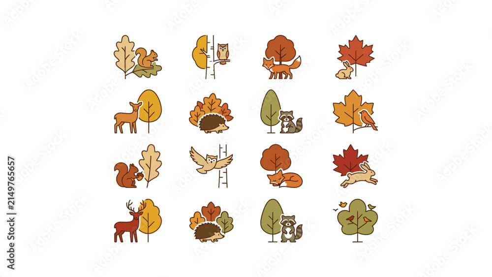 Obraz premium Collection of cute forest animals and autumn trees icons including squirrel owl fox rabbit deer hedgehog and raccoon in flat