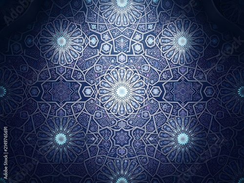Abstract islamic geometric star pattern with glowing elements on a dark blue background creating a spiritual ambiance.