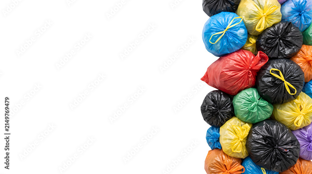 Obraz premium Colorful tied plastic garbage bags forming a right side vertical border isolated on transparent background ecology recycling concept 
