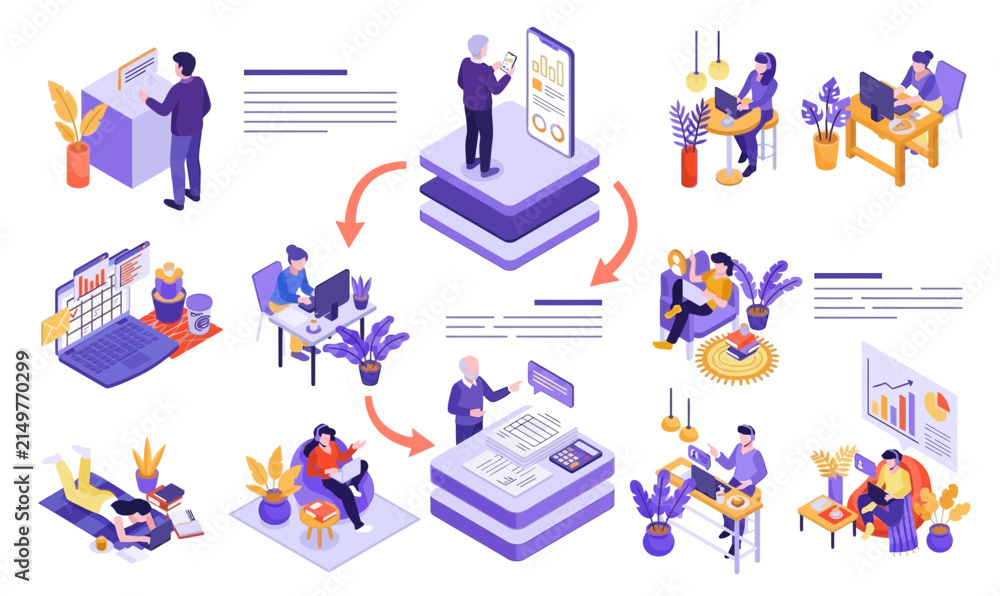 Fototapeta premium Isometric Financial Planning and Remote Work Journey Illustration