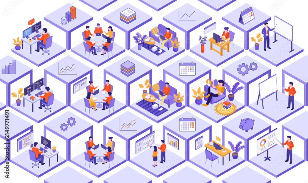 Naklejka premium Isometric Corporate Business Mosaic of Modern Office Work Activities
