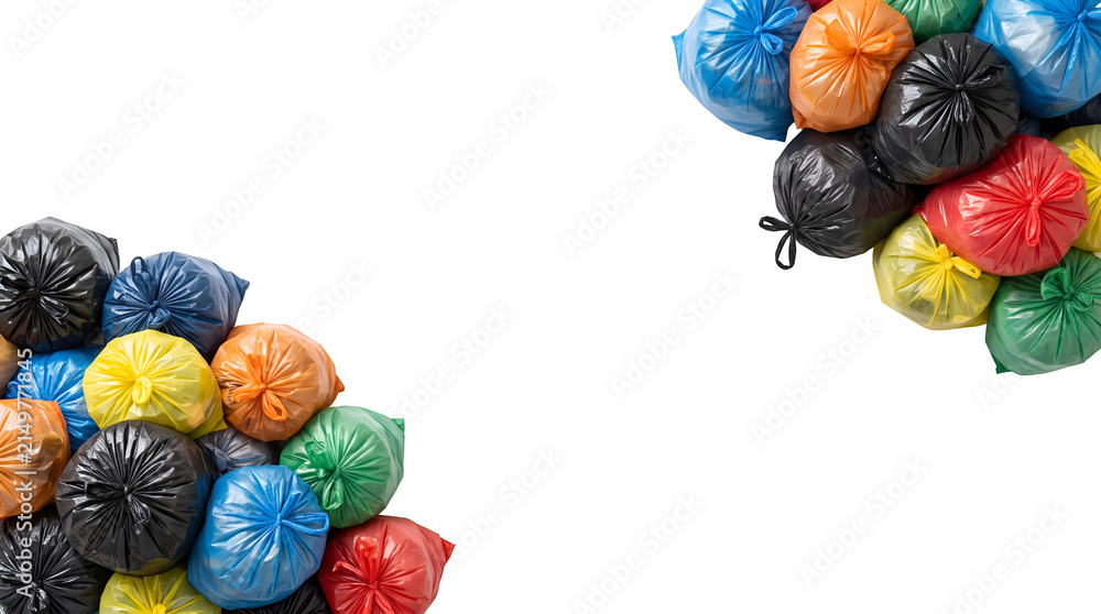 Obraz premium vibrant trash bags framing opposite corners on transparent background ecology recycling concept 