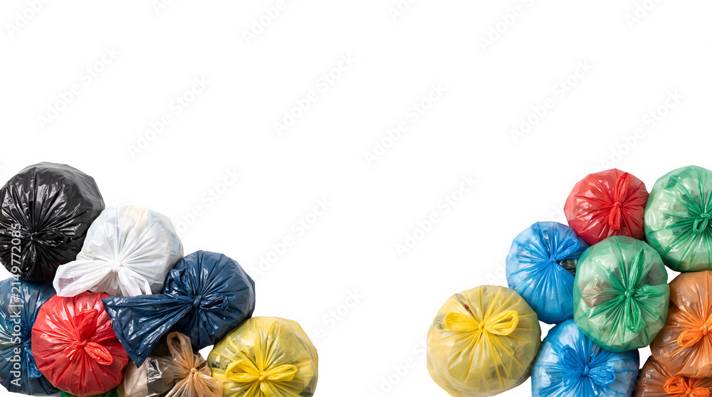 Obraz premium Colorful tied plastic garbage bags piled in bottom left and right corners isolated on transparent background ecology recycling concept 