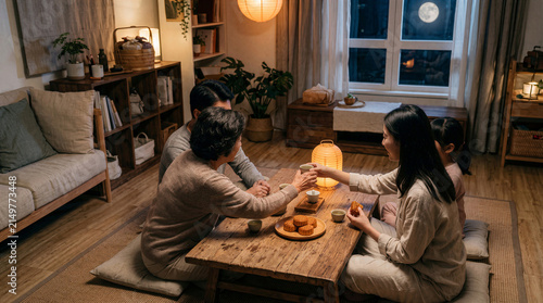 Multigenerational Asian Family Celebrating Mid Autumn Festival Together Indoor Living Room at Night Enjoying Mooncakes and Chinese Tea with Full Moon Visible Outside Window During Traditional Holiday