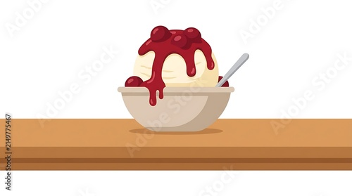 Vanilla ice cream with berry sauce in a bowl on wooden table