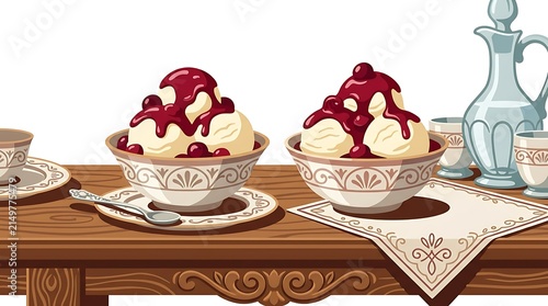 Two bowls of ice cream with berry syrup on a decorative table