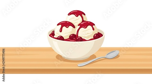 Three scoops of vanilla ice cream with berry sauce and spoon
