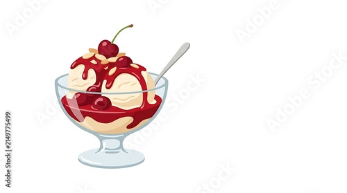 Cherry sundae with almonds in a glass bowl on white background