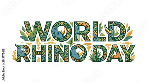 Decorative world rhino day text with floral and animal motifs