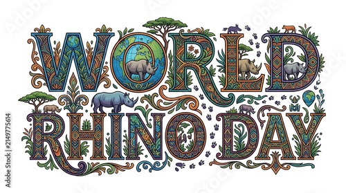 Colorful world rhino day typography with african animal patterns