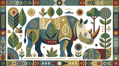 Geometric rhinoceros illustration with nature and globe icons