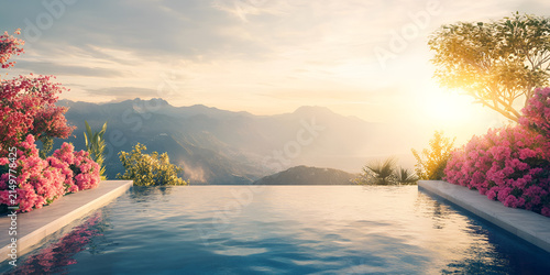 Luxury Infinity Pool Overlooking Mountain Valley at Golden Hour