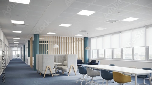 Modern open plan office interior featuring contemporary furniture and wooden partition walls in bright workspace environment with private seating pods separated wooden slats