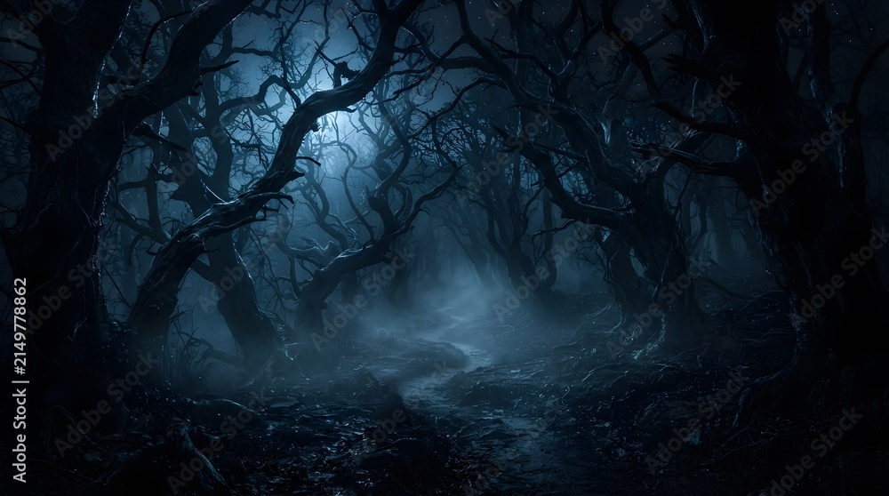Obraz premium Misty dark forest path under moonlight