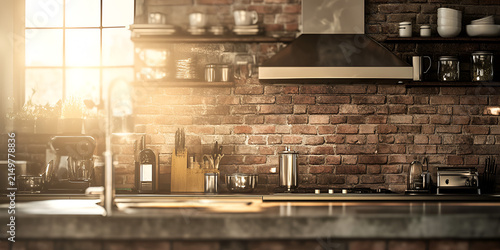Rustic Kitchen Interior with Brick Wall, Open Shelving, and Natural Sunlight