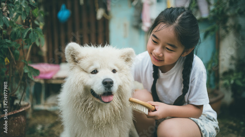 A young girl lovingly grooms her cheerful samoyed dog in a vibrant garden filled with blooming flowers and greenery