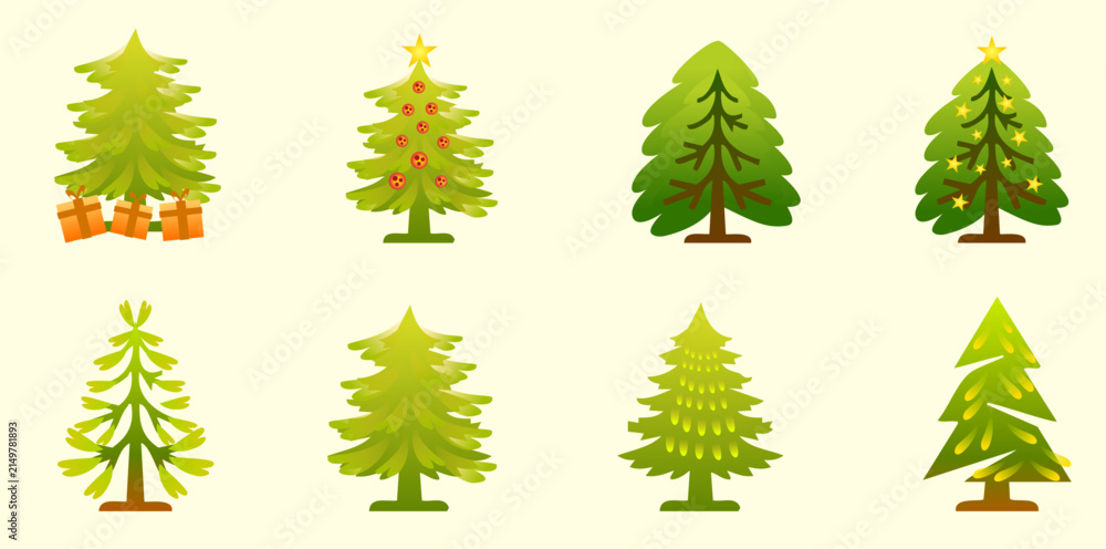 Obraz premium green pine christmas trees set with gifts and stars