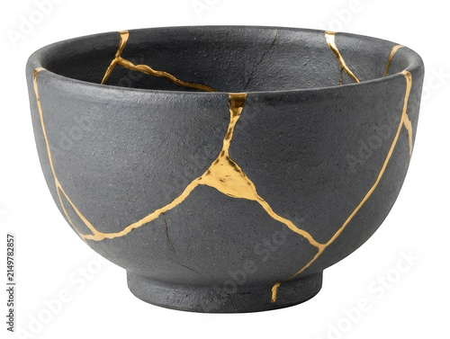 Textured black kintsugi ceramic bowl featuring intricate gold repair lines isolated transparent background image
