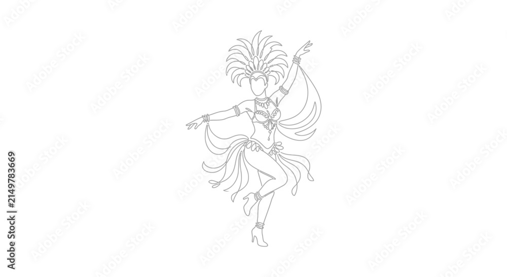 Obraz premium Outline drawing of a Brazilian samba dancer in a festive costume.