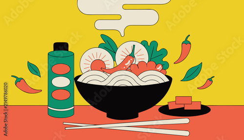 Flat vector illustration of a spicy ramen noodle bowl with chili peppers, chopsticks, and sauce, minimalist Asian food graphic design on yellow background.