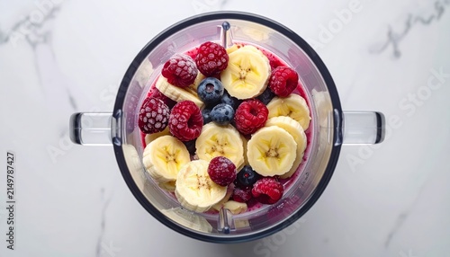Fresh fruit smoothie ingredients ready for blending in a blender.