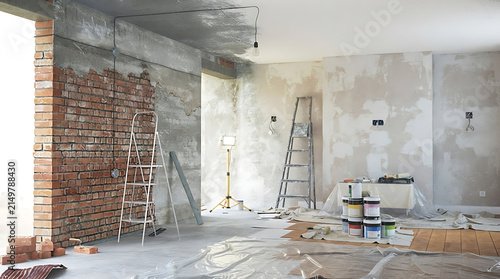 Interior room under construction with exposed brick wall and ladders