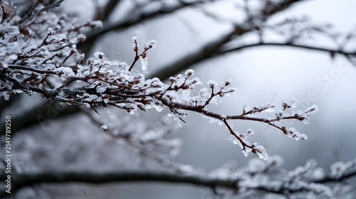 Frozen tree branches covered in delicate ice crystals against a soft gray sky  showcasing winter s quiet beauty