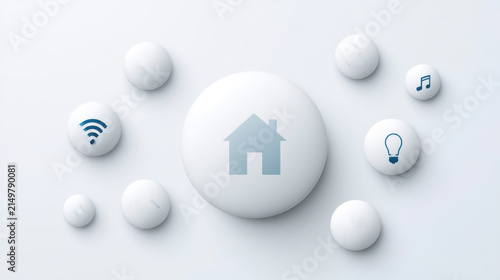 Smart home technology concept, showing a central house icon surrounded by various connectivity and device icons, symbolizing integrated living
