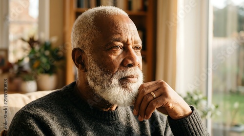 Thoughtful Elderly Man Sitting Near Window Reflecting.