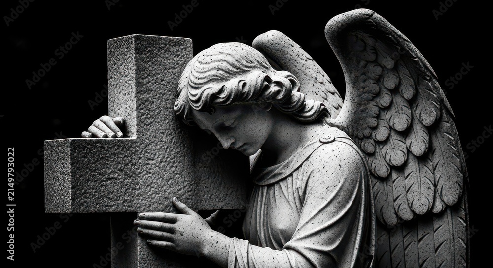 Obraz premium Dramatic Black and White Statue of a Weeping Angel Leaning Against a Stone Cross in a Cemetery Setting
