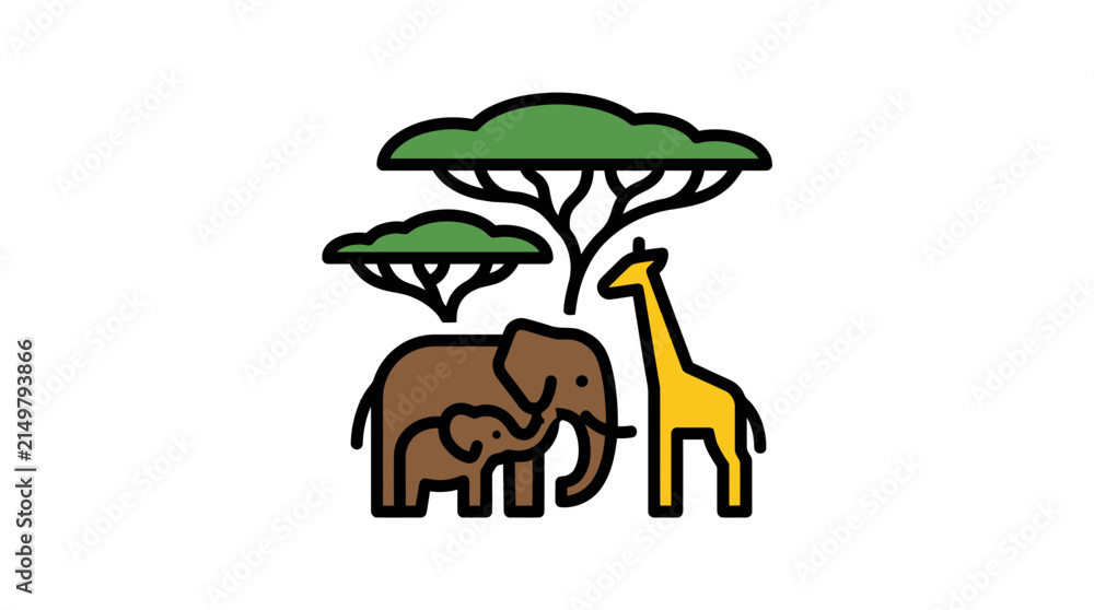 Obraz premium African savanna animals with acacia trees graphic.
