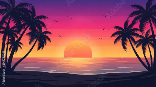 Vibrant sunset over the ocean with silhouetted palm trees creating a tropical scene