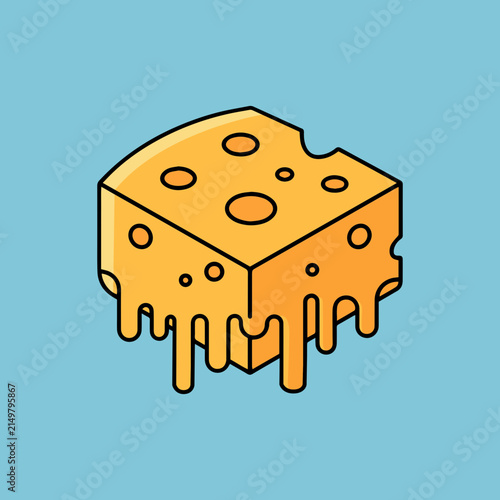 Isometric vector illustration of a yellow Swiss cheese cube with holes and gooey melted cheese dripping from the sides. Cartoon styled dairy product icon on light blue background
