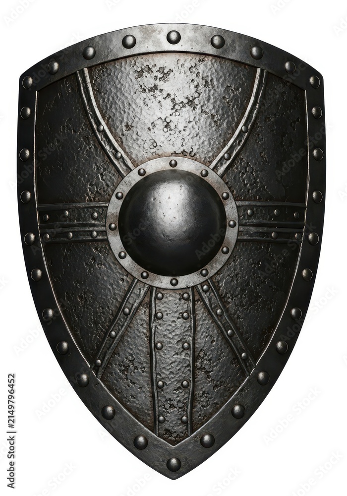 Fototapeta premium Medieval Knight Iron Shield with Rivets and Central Boss Isolated on White Background for Historical Design