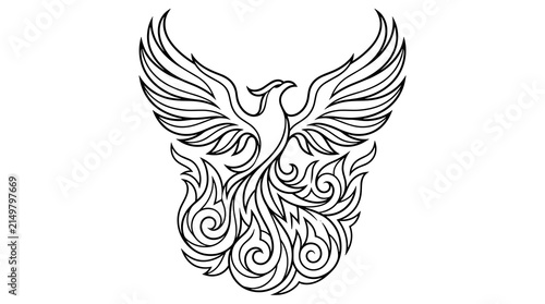 Stylized black line art phoenix rising from flames, graphic element, isolated on white background