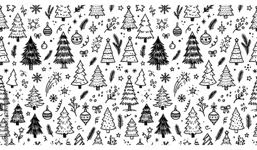 Christmas Pine Tree Seamless Doodle Pattern Background Vector Illustration