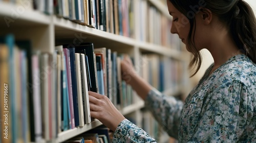 A woman carefully selects books from a well  ed library shelf in quiet focus and calm concent n