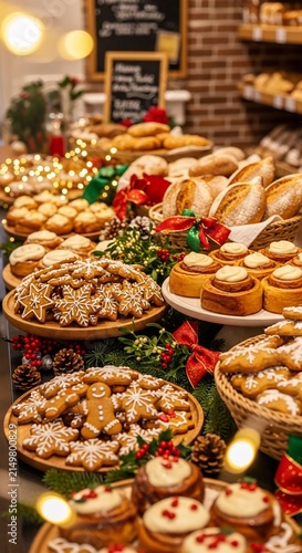Abundant Christmas festive bakery display with assorted cookies and pastries.