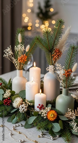 Beautiful Christmas table centerpiece with white candles and rustic floral arrangements.