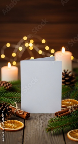 Blank greeting card mockup with Christmas decorations on wooden table.