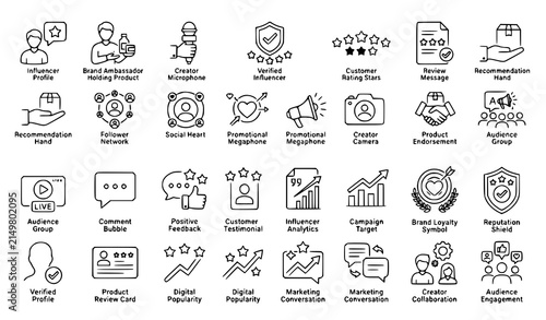 Фотография Influencer marketing and social media line icon set vector illustration featurin