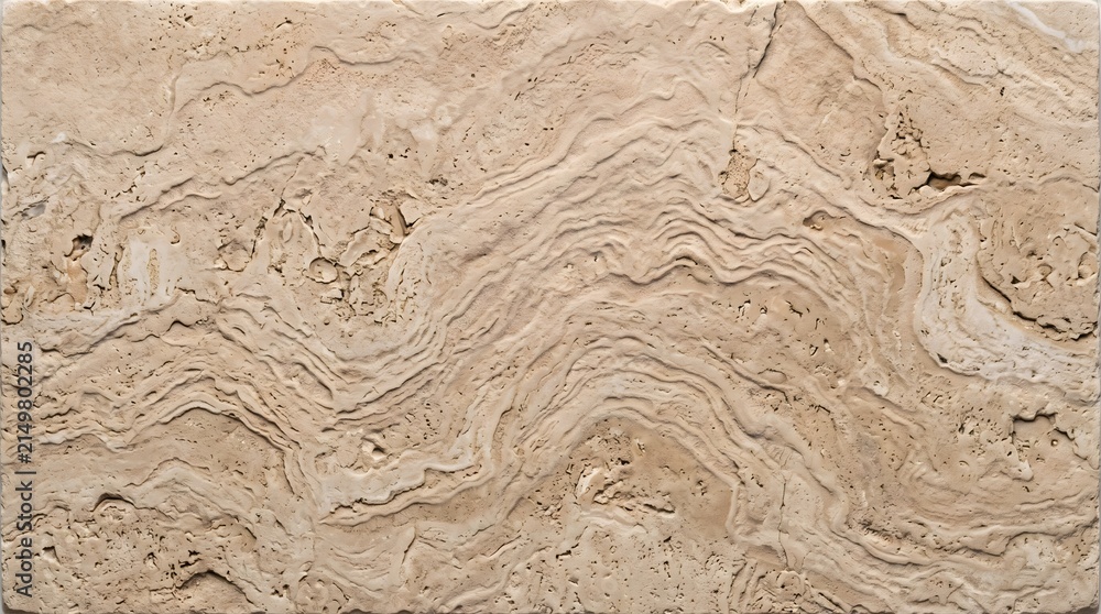 Fototapeta premium Earthy beige travertine stone slab displaying natural wavy patterns and porous texture, ideal for architectural design.