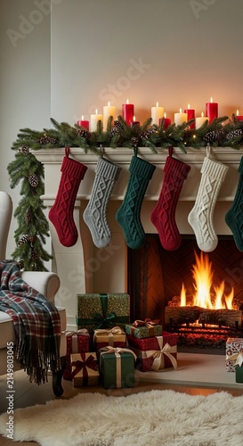 Cozy Christmas Fireplace with Stockings and Presents.