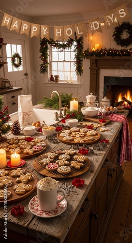 Cozy Christmas Kitchen Scene with Freshly Baked Holiday Cookies and Festive Decorations.