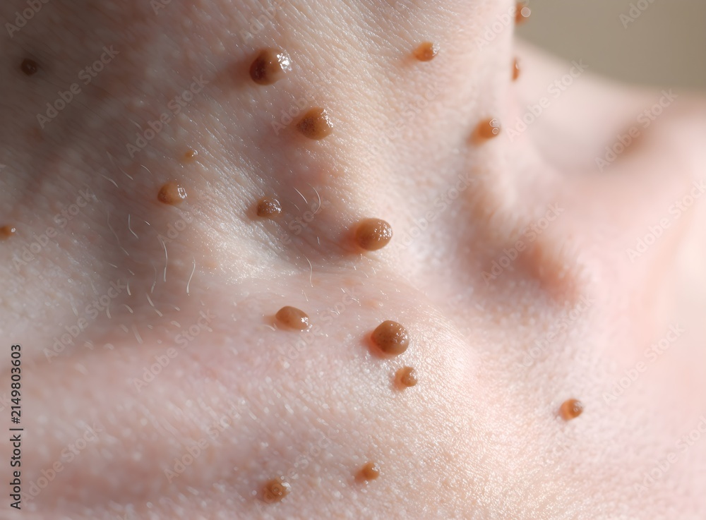 Fototapeta premium Close-up view of multiple skin tags, small benign growths, acrochorda, on a person's neck and chest area