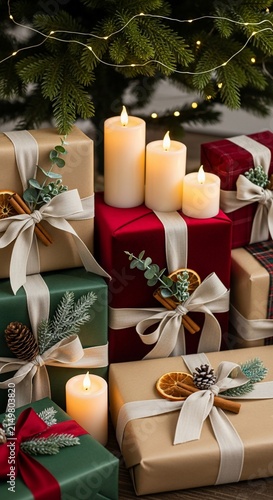 Elegant Christmas Gifts and Glowing Candles Under Tree.