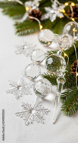 Elegant Christmas Glass Ornaments with Pine Branches and Fairy Lights.