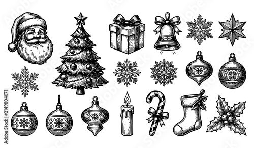 Vintage Holiday Icon Collection – Hand Drawn Christmas Outline Vector