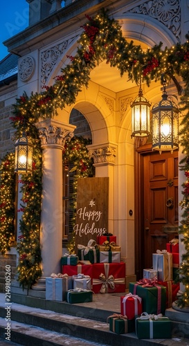 Festive Holiday Entrance with Christmas Decorations and Wrapped Gifts.