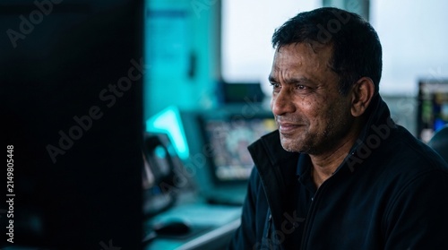 South Asian male air traffic controller looking at computer monitor in control tower